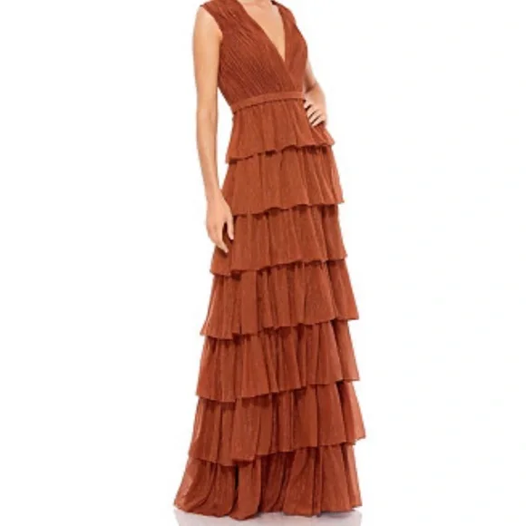 Mac Duggal Sleeveless Rust Tiered Maxi Dress Size 8 - Picture 1 of 7